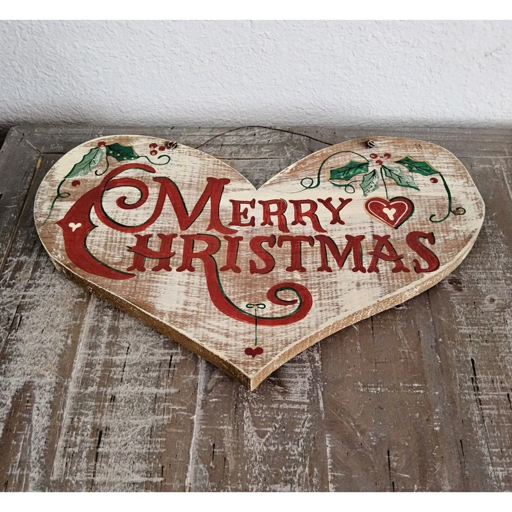 Vintage 1999 Merry Christmas Heart Wood Wall Hanging Folk Art Holiday Decor